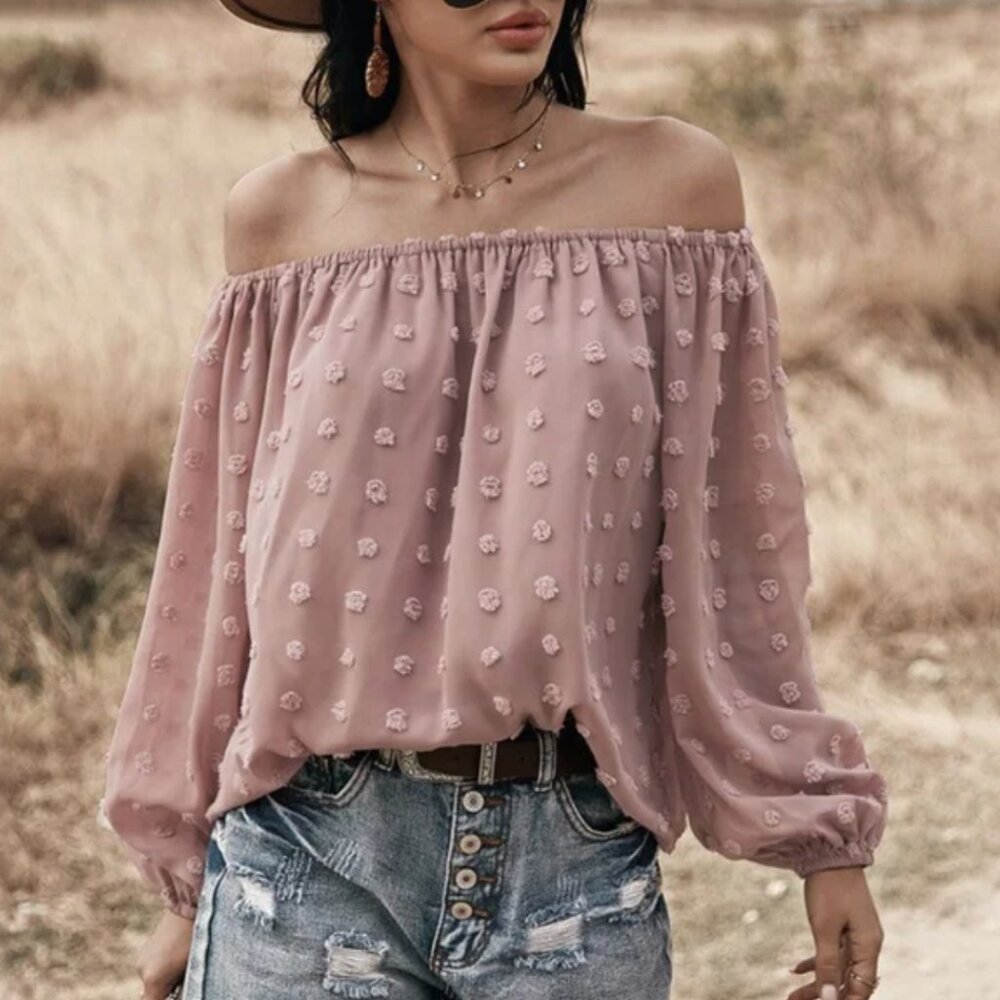 Dusty rose tufted dot off shoulder boho flowy long sleeve blouse sizes M and L - Picture 1 of 5